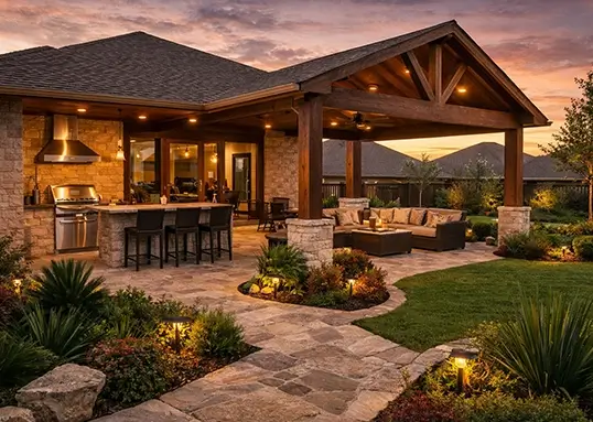 Covered outdoor living space with a built-in grill kitchen, stone patio, seating area, and landscaped lighting at sunset.