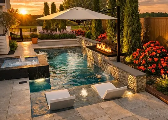 Luxury backyard transformation featuring custom pool with integrated spa, stone patio, and high-end landscaping in Fort Worth