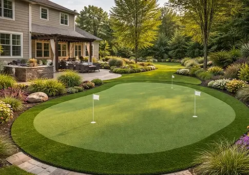 Luxury backyard transformation featuring custom putting green surrounded by ornamental landscaping and stone patio