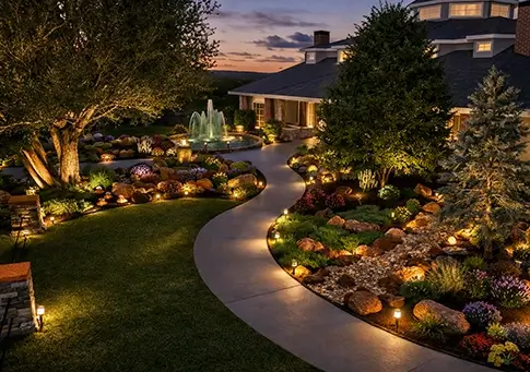 A winding lit walkway at dusk leading toward a tiered water fountain and a luxury home, accented by warm landscape lighting and rock gardens.