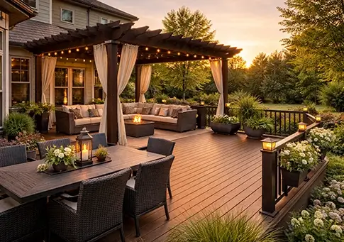 Luxury outdoor entertainment area featuring custom patio with pergola, fire pit, and designer landscaping