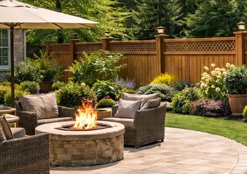 Backyard patio seating area with stone fire pit, wicker lounge chairs, umbrella shade, and landscaped garden along a wooden privacy fence.