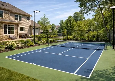 Luxury backyard transformation featuring custom tennis court with high-end landscaping and residential outdoor living space