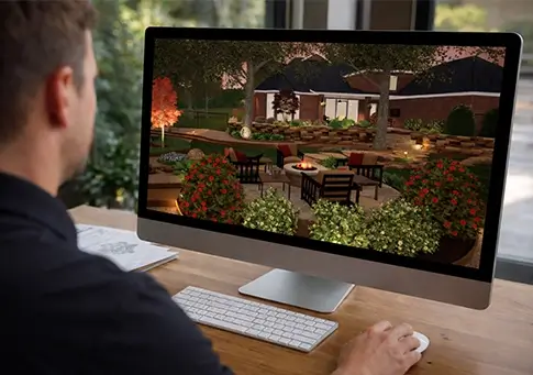 Landscape designer reviewing a backyard outdoor living space design on a desktop computer screen.