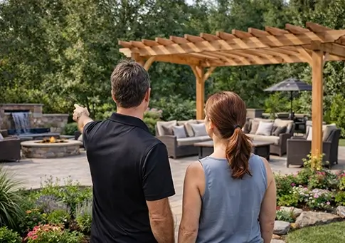 Homeowners reviewing a backyard outdoor living space with pergola, patio seating, and fire pit area.