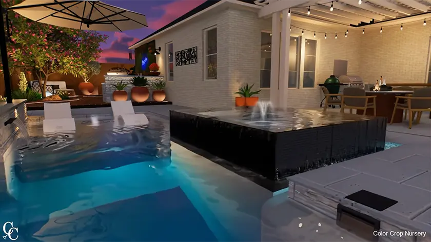 Luxury backyard pool with tanning ledge loungers, raised black water feature, patio dining area, and pergola lighting at a Fort Worth outdoor living project by Color Crop Nursery.