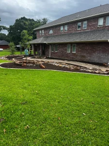 Luxury landscape design featuring manicured lawn with stone features and newly planted trees in Fort Worth backyard