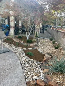 Luxury landscape design featuring drought-resistant plants and decorative rock groundcover in Fort Worth outdoor living space