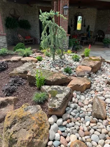 Luxury landscape design featuring drought-tolerant weeping tree, river rocks, and stone seating in Fort Worth backyard transformation
