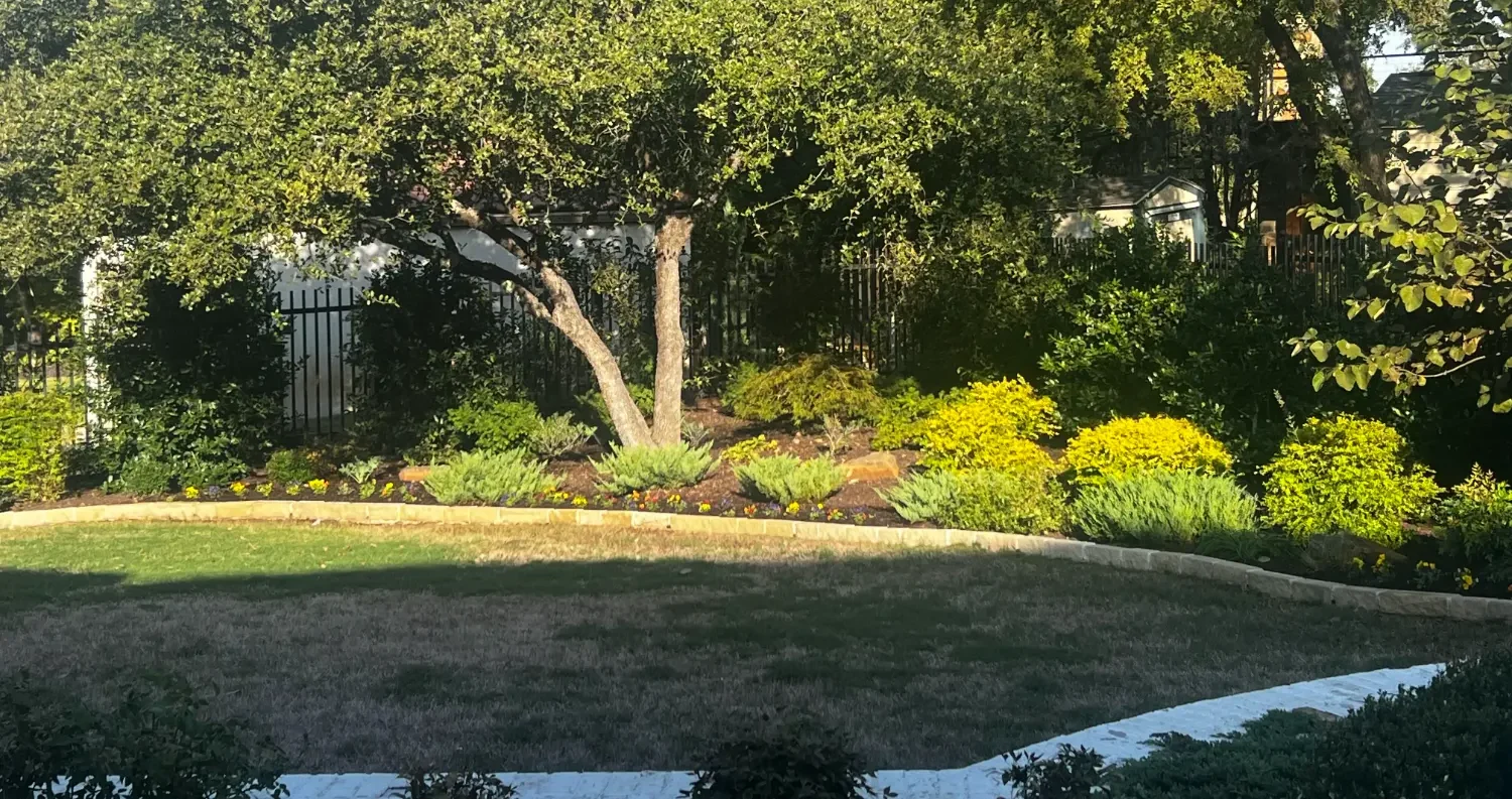 Luxury backyard transformation featuring manicured lawn, tiered garden beds, and mature trees in Fort Worth
