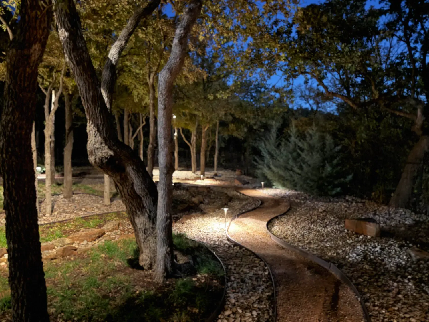 Elegant nighttime luxury landscape design featuring tree-lined walkway with ambient lighting and gravel pathways