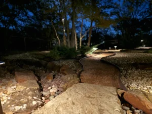 Nighttime luxury landscape design featuring illuminated curved pathway, native trees, and decorative stone edging