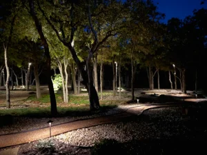 Nighttime luxury outdoor living space featuring uplighting on mature trees and gravel pathways in Fort Worth