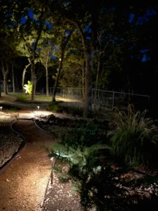 Nighttime luxury landscape design featuring illuminated trees, decorative lighting, and manicured outdoor living spaces