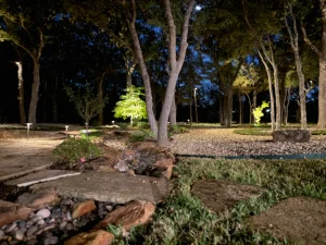 Illuminated luxury landscape design featuring mature trees and elegant outdoor living spaces in Fort Worth