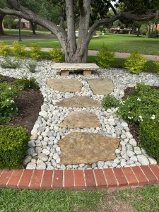 Luxury landscape design featuring stone stepping stones beneath mature tree in Fort Worth residential yard