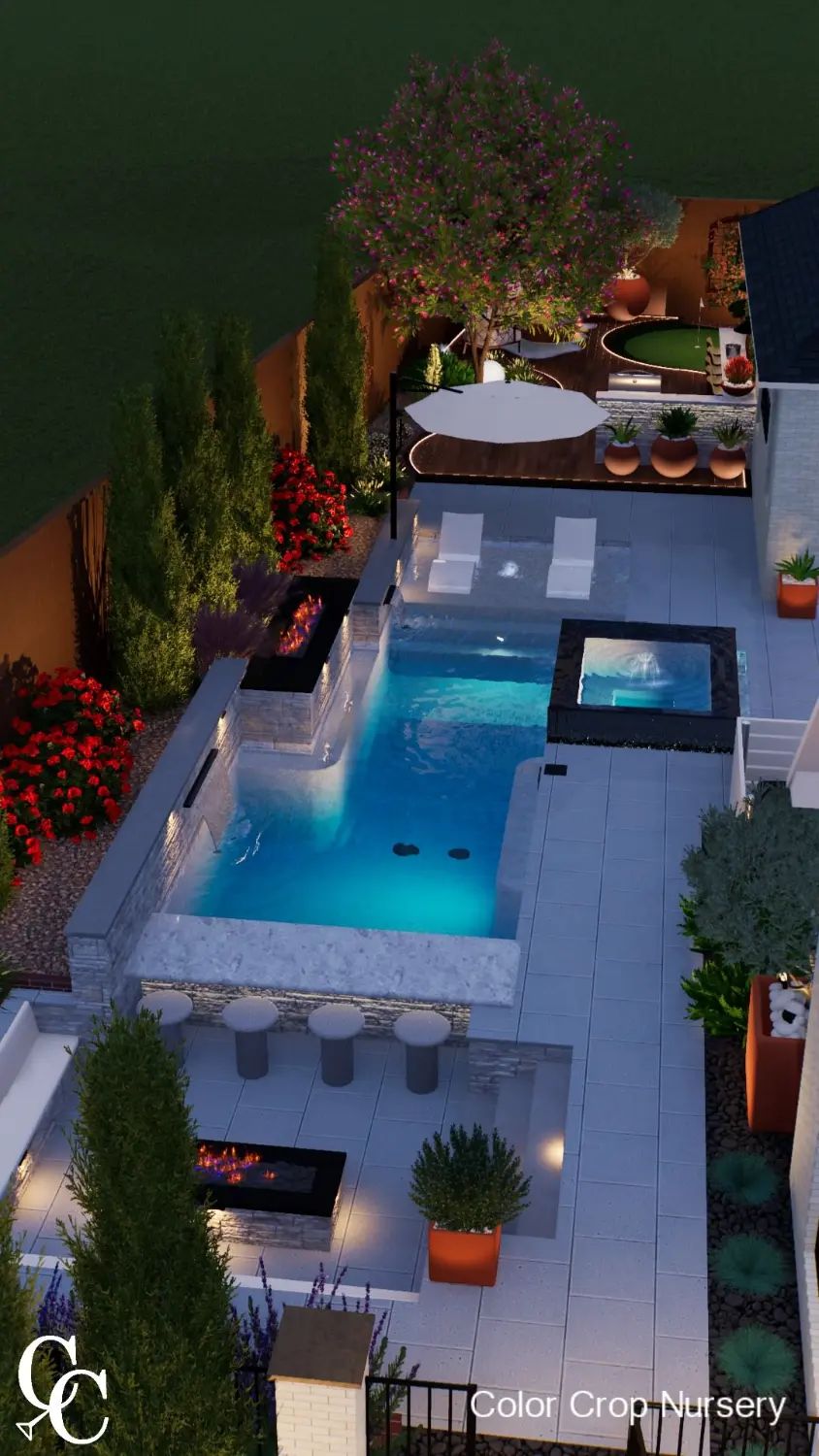 Luxury backyard transformation featuring custom pool, patio design, and high-end landscaping with vibrant plantings