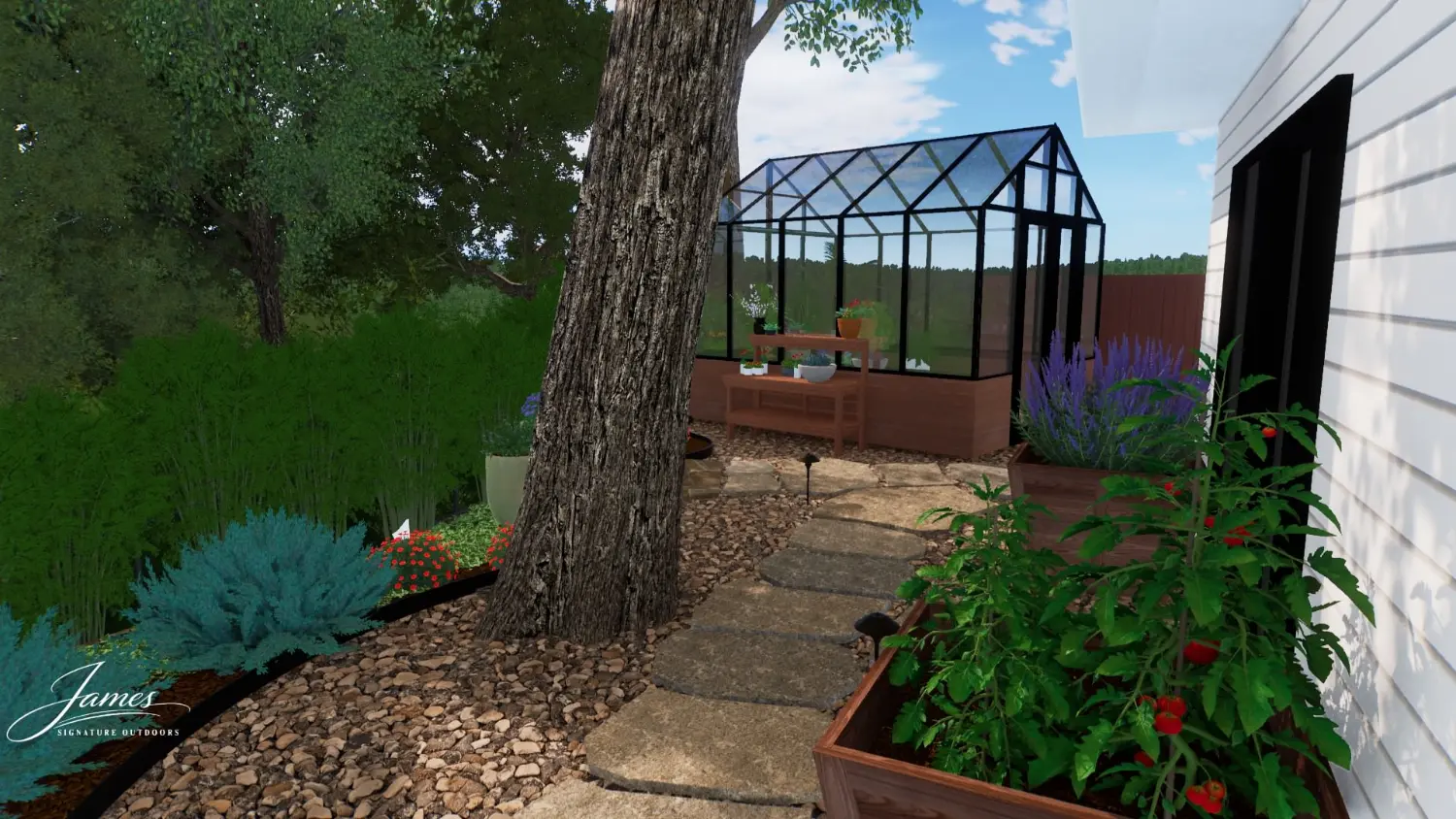 Luxury backyard transformation featuring black greenhouse, raised garden beds, and mature tree landscaping in Fort Worth