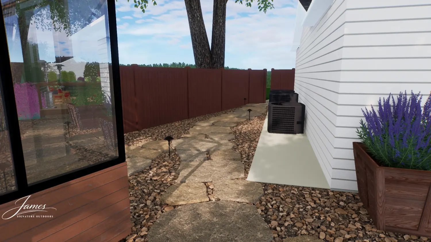Modern backyard transformation featuring gravel pathways, raised planter beds, and luxury outdoor living design