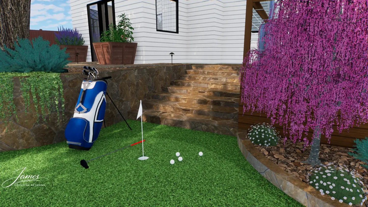 Luxury backyard putting green with golf bag, landscaping, and flowering plants in Fort Worth outdoor living space