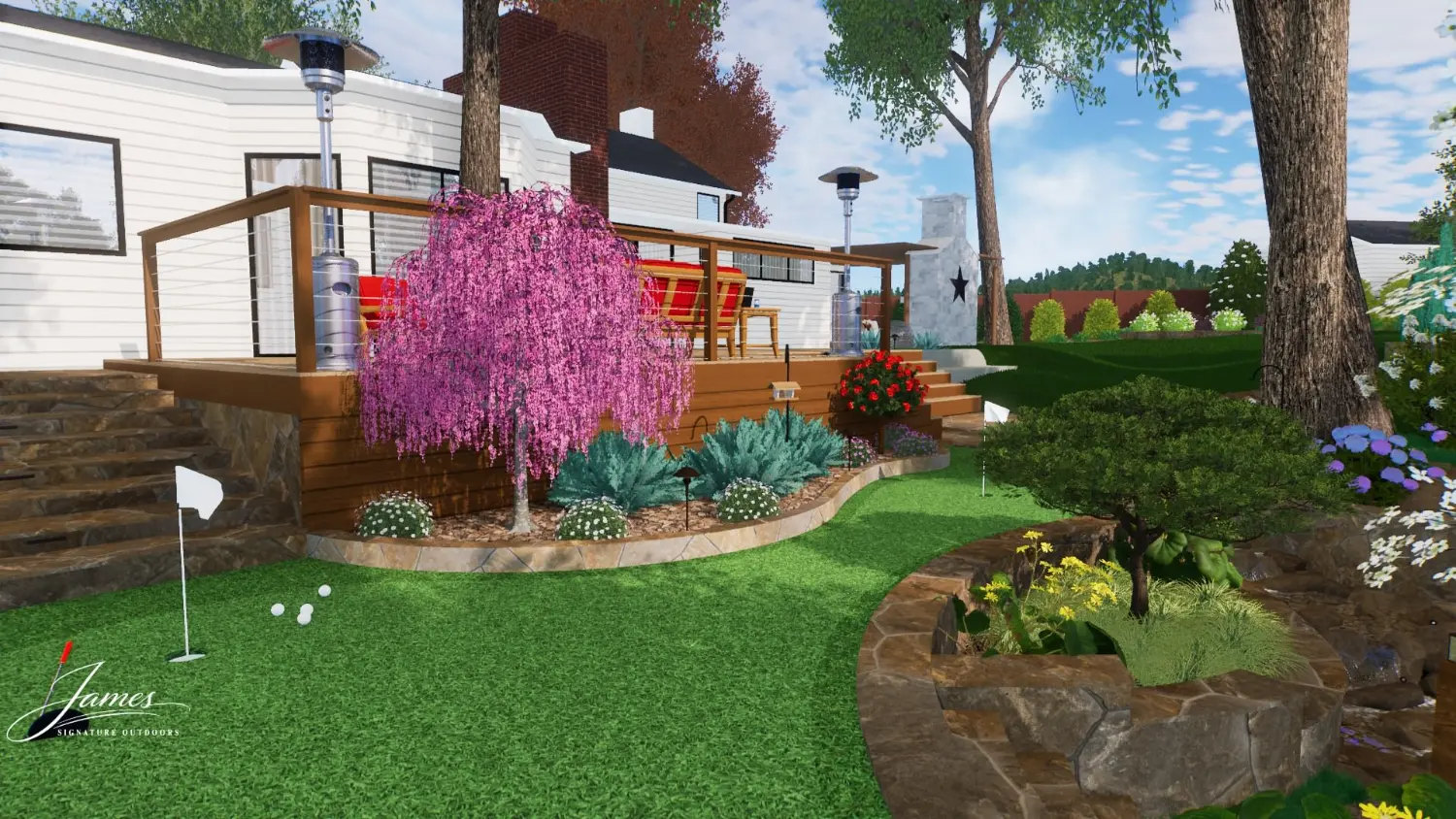 Luxury backyard transformation featuring custom patio design, weeping cherry tree, and layered garden landscaping