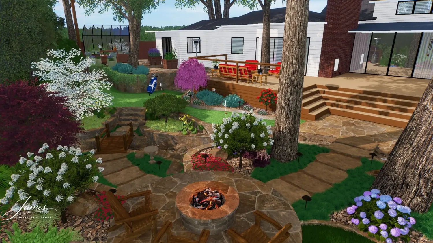 Luxury backyard transformation featuring custom stone patio, fire pit, and high-end landscaping design