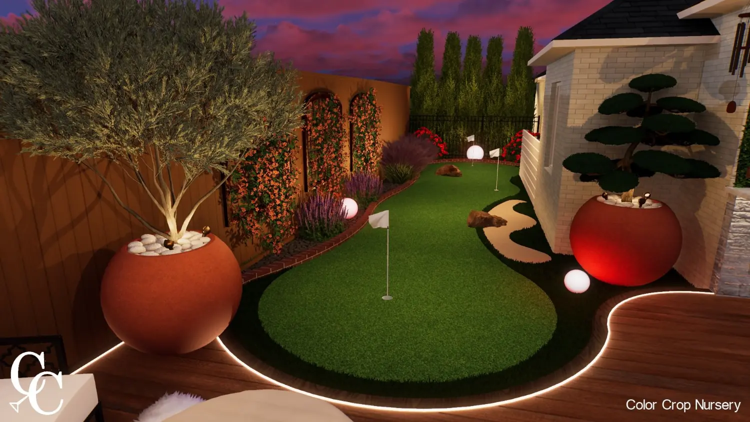Luxury backyard transformation featuring custom putting green, illuminated landscaping, and high-end outdoor living design