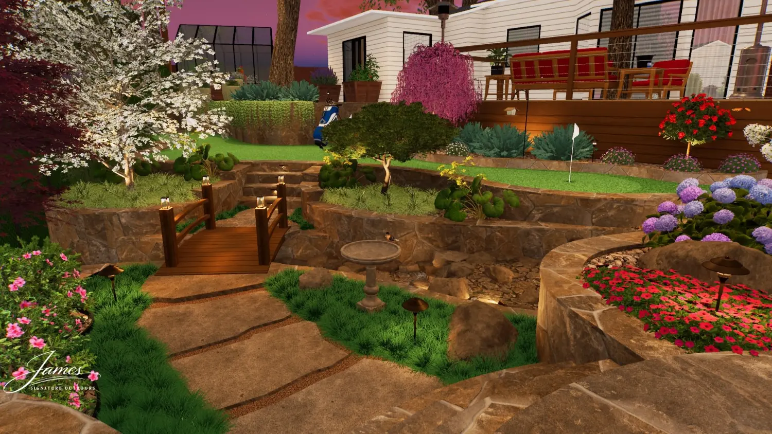Luxury backyard transformation featuring sunken patio, stone features, and colorful garden landscaping