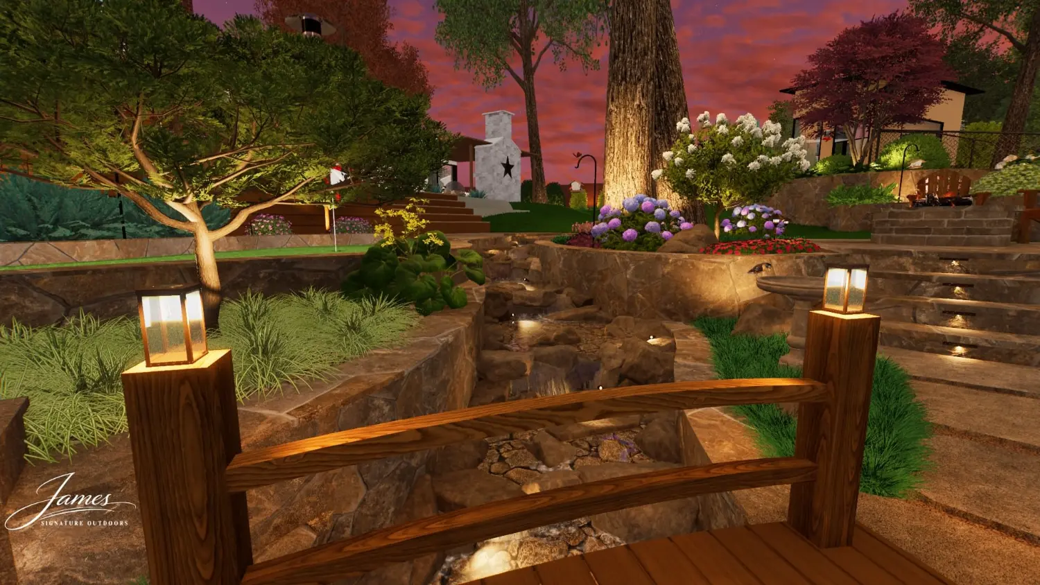 Luxury backyard transformation featuring custom wooden bridge over stone water feature and illuminated landscaping