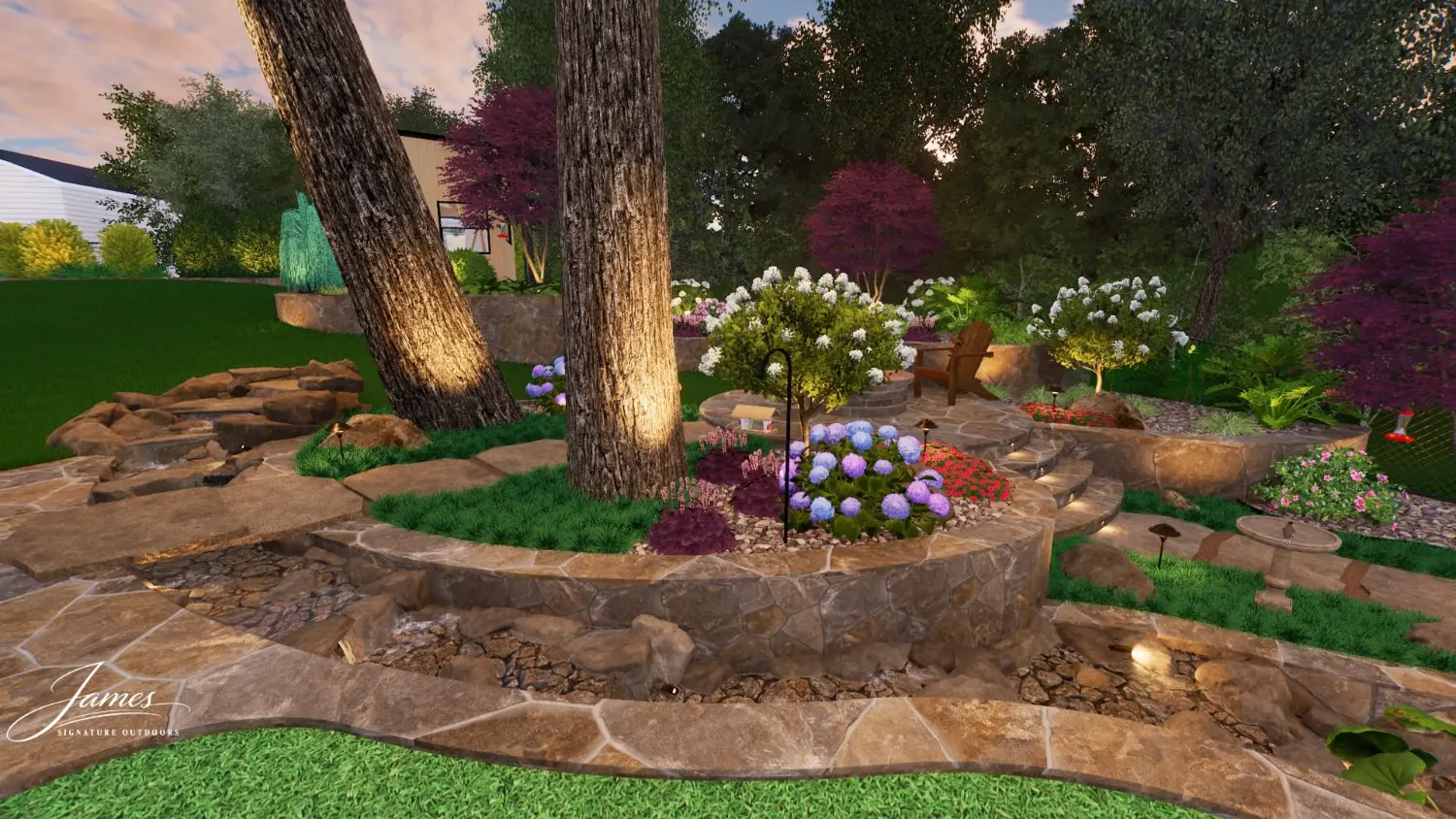 Luxury backyard transformation featuring stone patio, flowering plants, and mature trees in Fort Worth