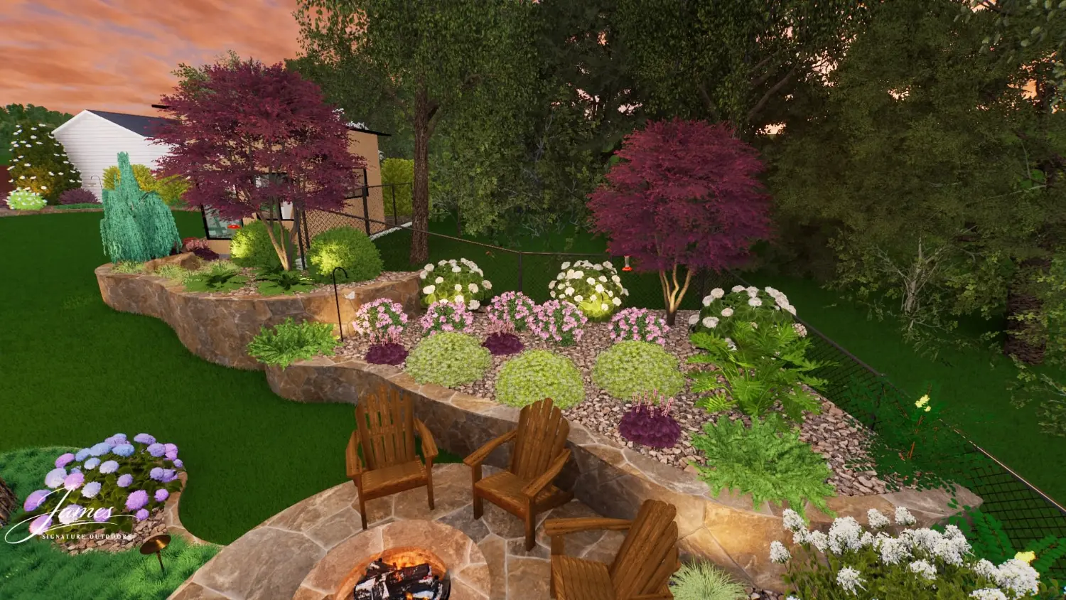 Luxury backyard transformation featuring tiered landscaping, fire pit seating, and colorful garden design in Fort Worth