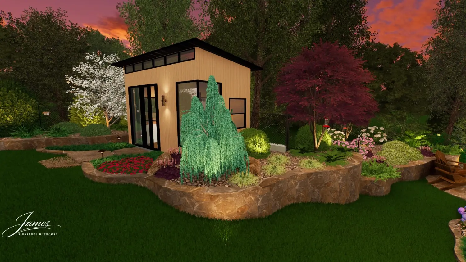 Modern luxury backyard transformation with custom patio, landscaping, and contemporary garden studio at sunset