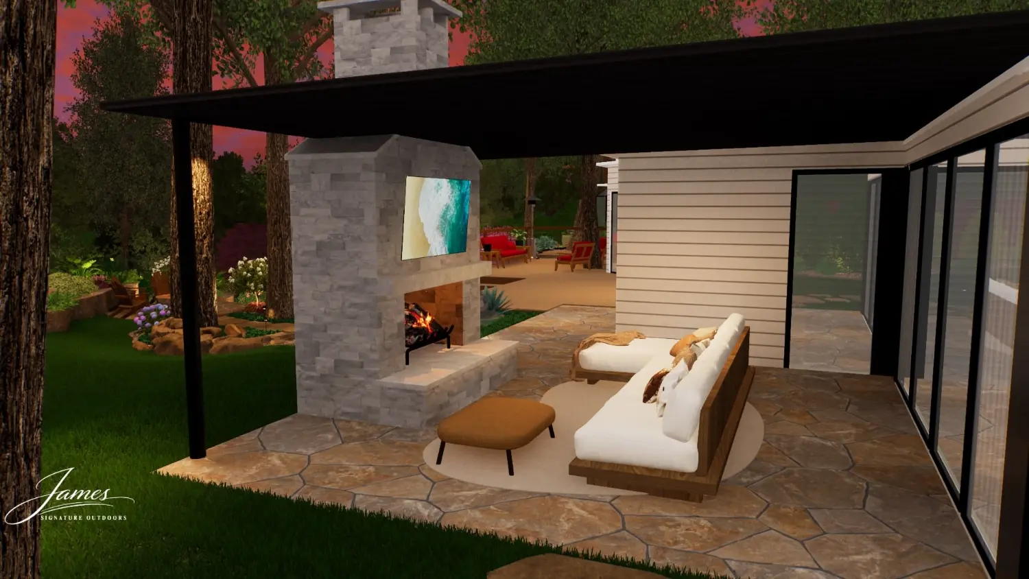 Modern luxury outdoor living space with fireplace, seating, and patio design in Fort Worth