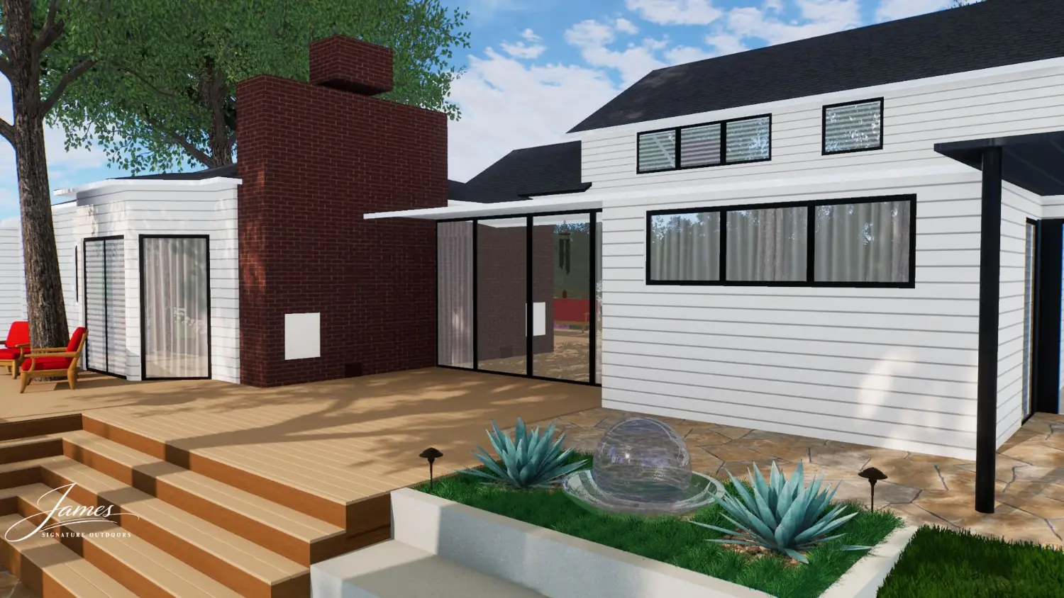 Modern luxury backyard transformation with custom patio, water feature, and high-end outdoor living space