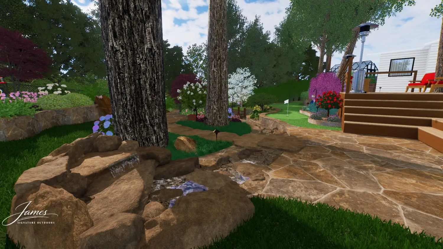 Luxury backyard transformation featuring flagstone patio, mature trees, and colorful flower beds near residence